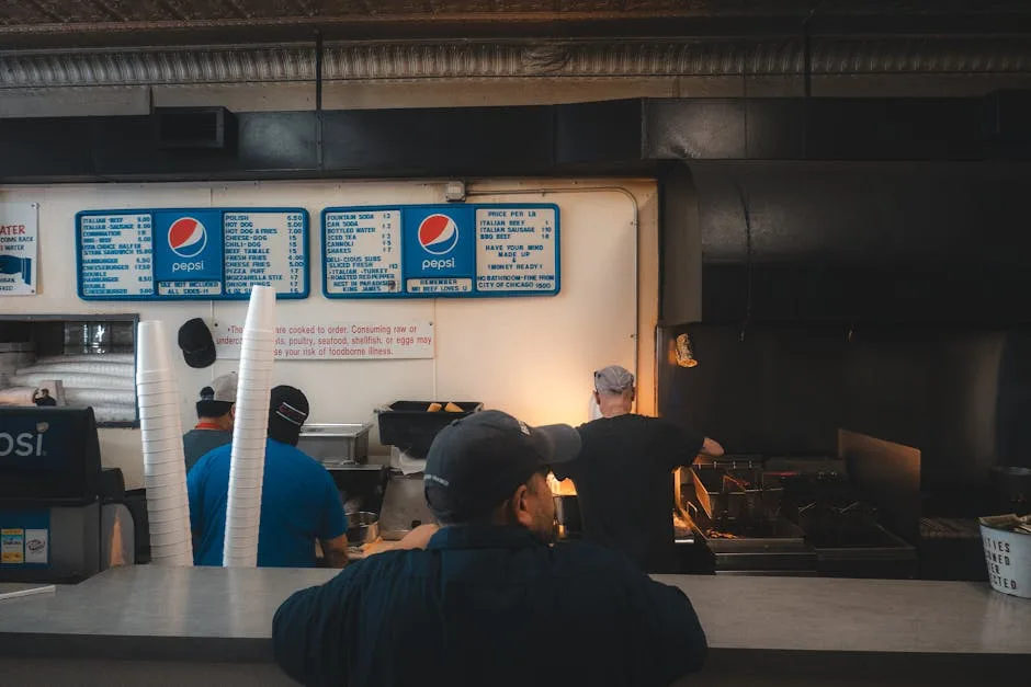 Busy commercial kitchen in Vineland restaurant — grease-laden air rising above the cooking line into exhaust hood
